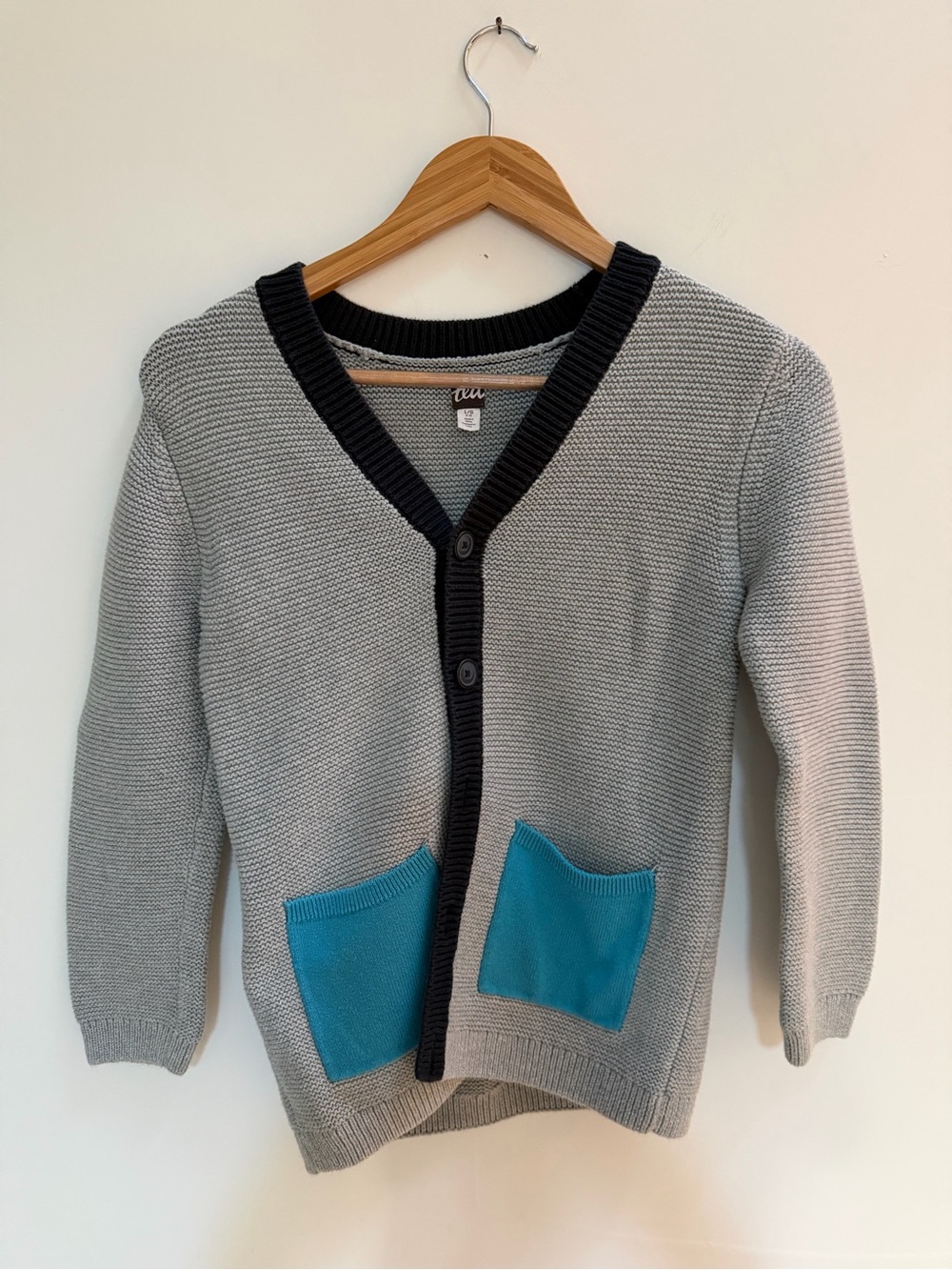 Kids Gray Knit Cardigan with Teal Pockets